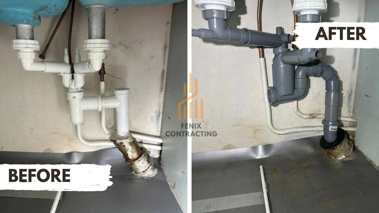 Under-sink drain pipes before and after replacement