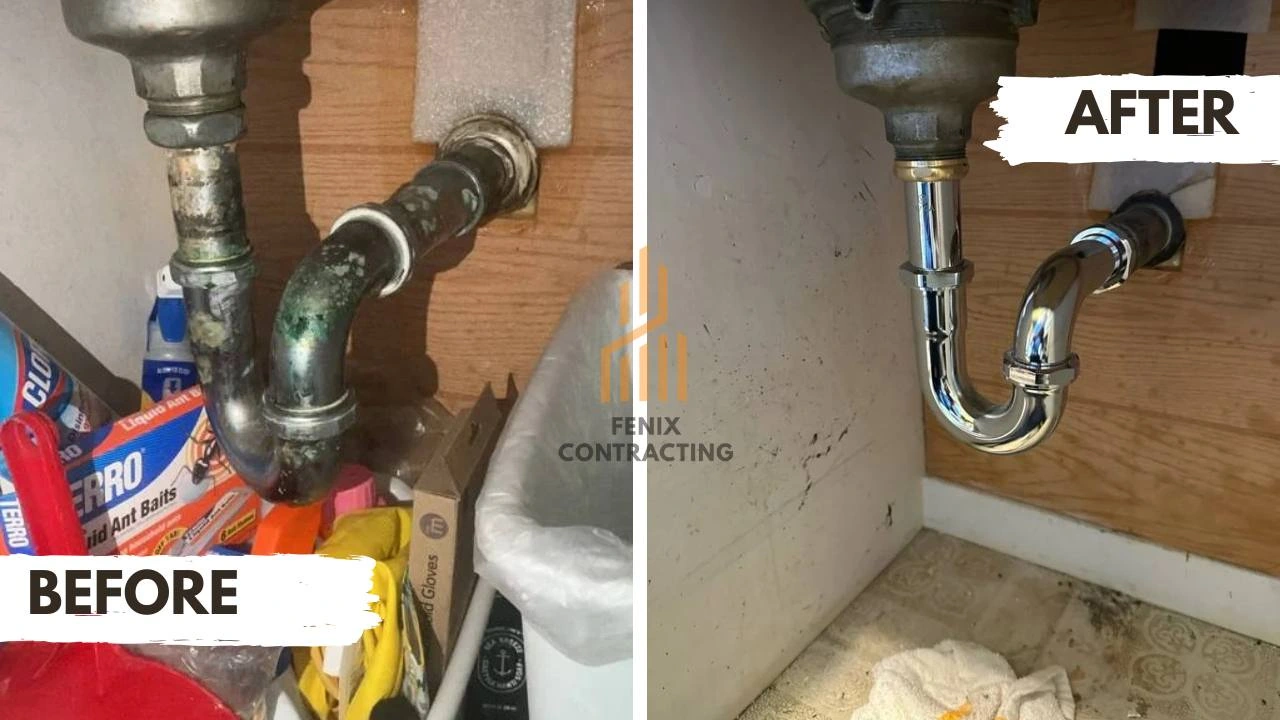 Metal sink drain connection before and after replacement