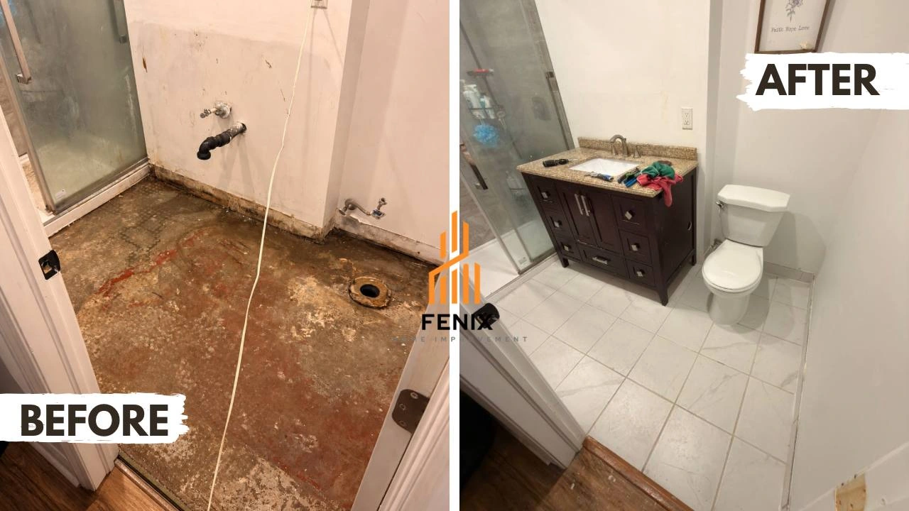 Bathroom floor before and after tile work