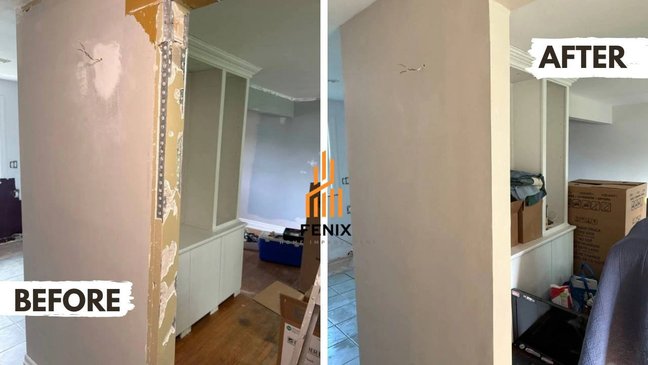 Before and after drywall repair beside an interior doorway