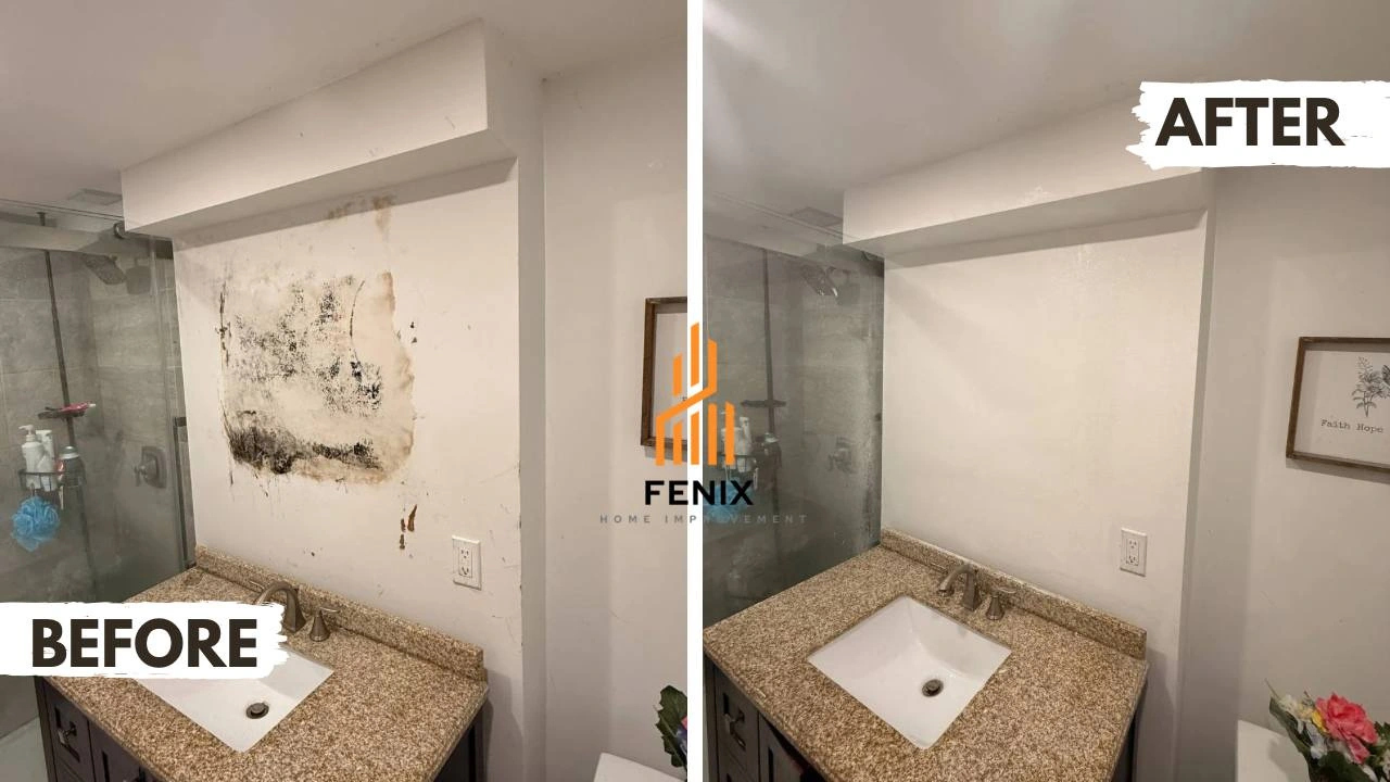 Bathroom wall beside a mirror before and after drywall patching