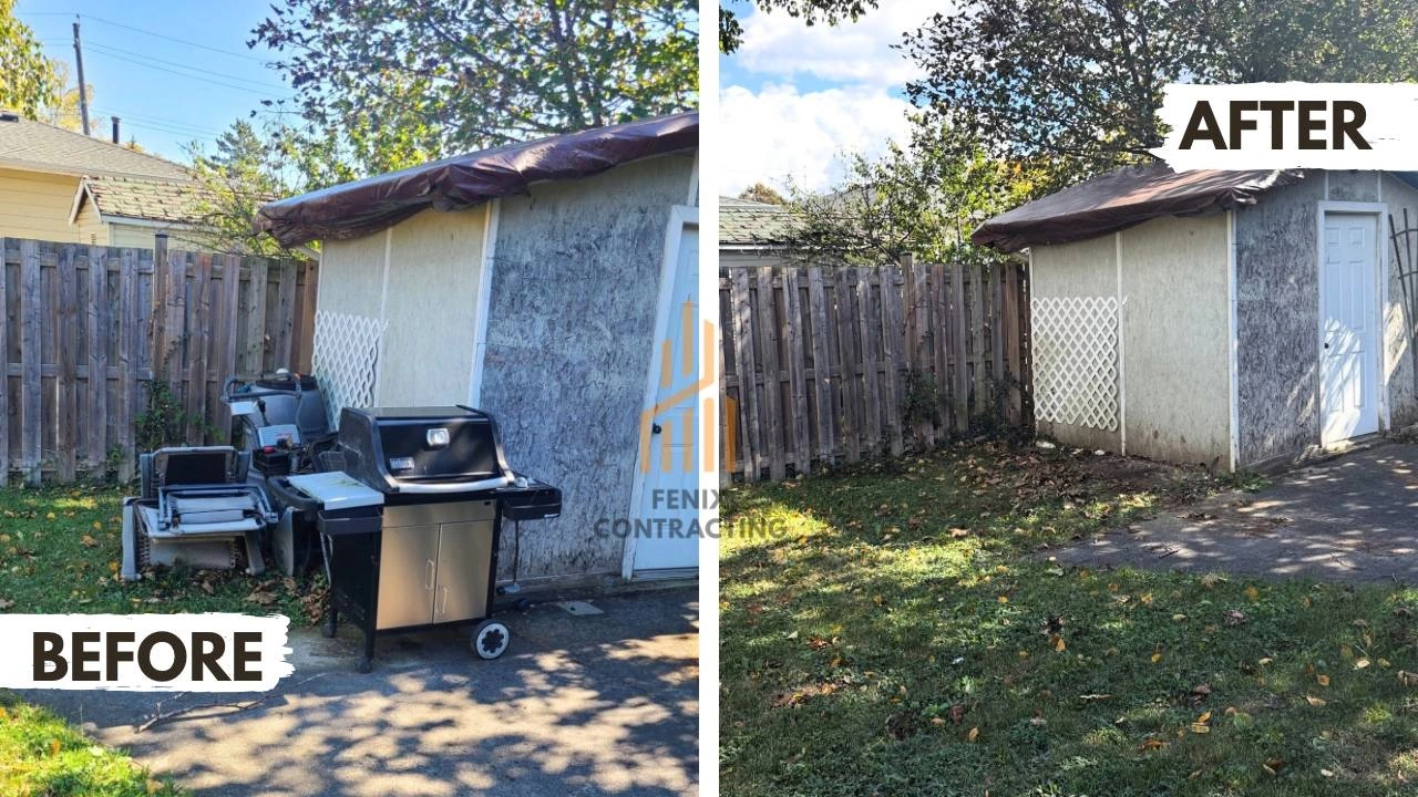 Backyard beside a fence and shed before and after cleanup