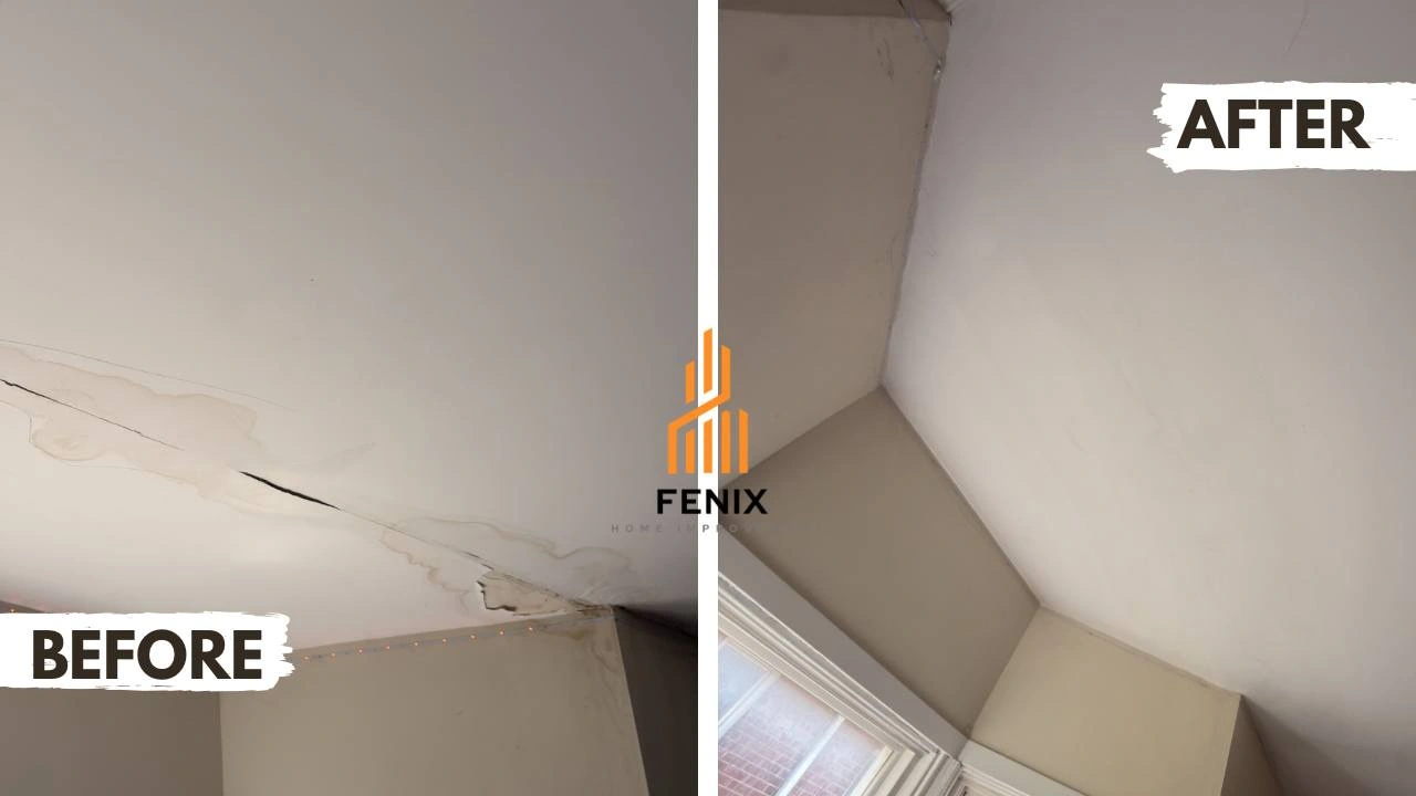 Cracked ceiling before and after patching and finishing