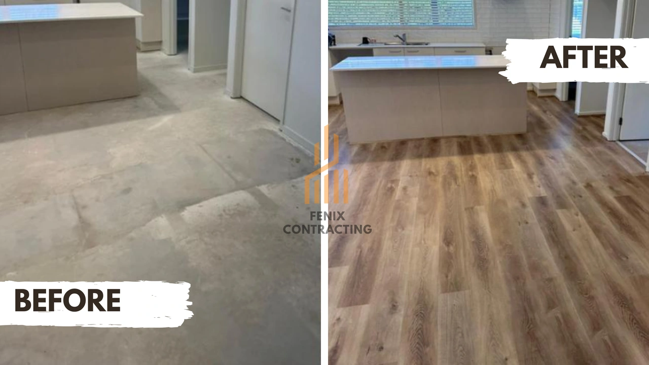 Room floor before and after wood-look flooring installation